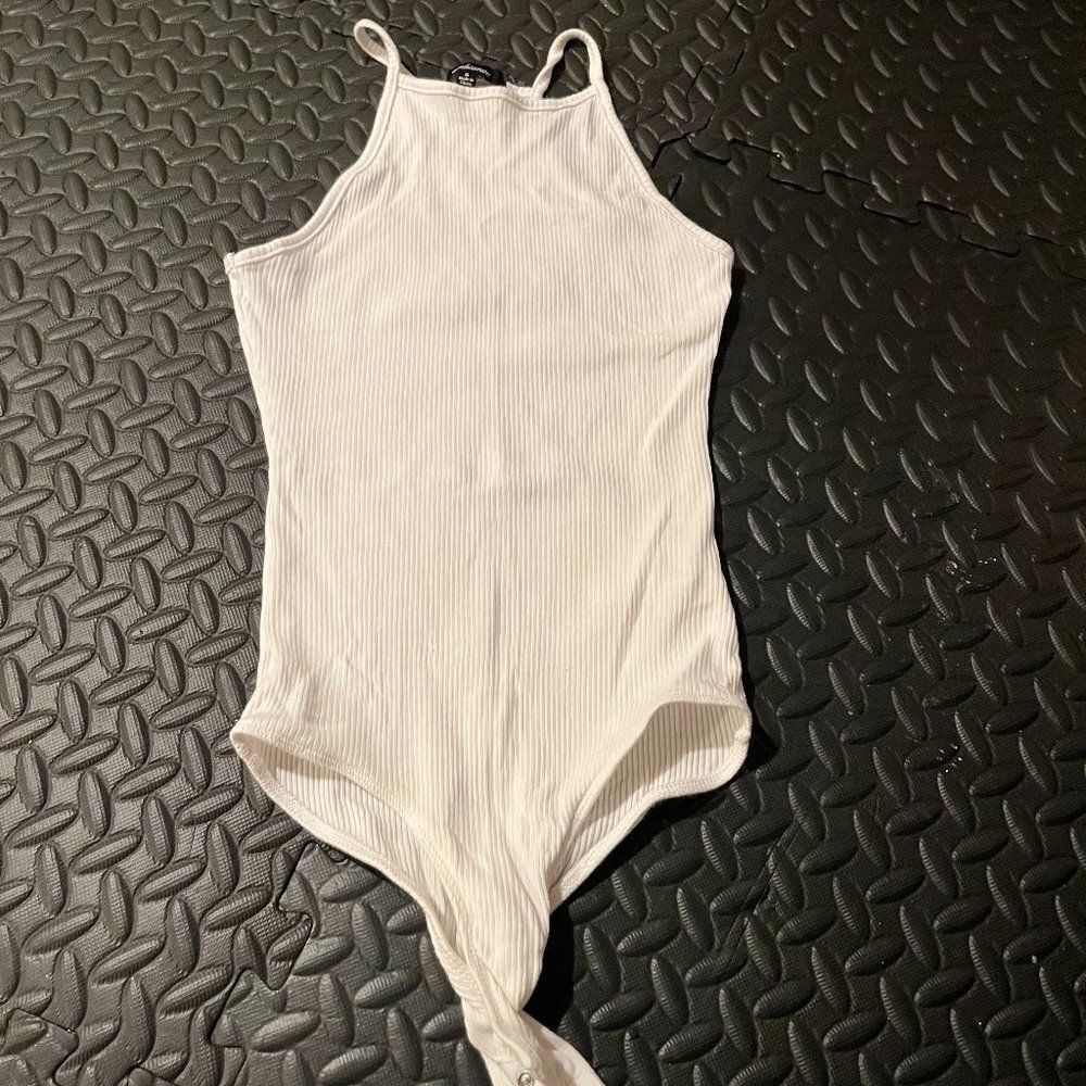 White Ribbed High Neck Bodysuit S